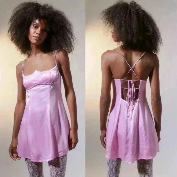 NWOT For Love & Lemons Elora Satin Strappy-Back Mini Pink Dress Size Large - Picture 11 of 12